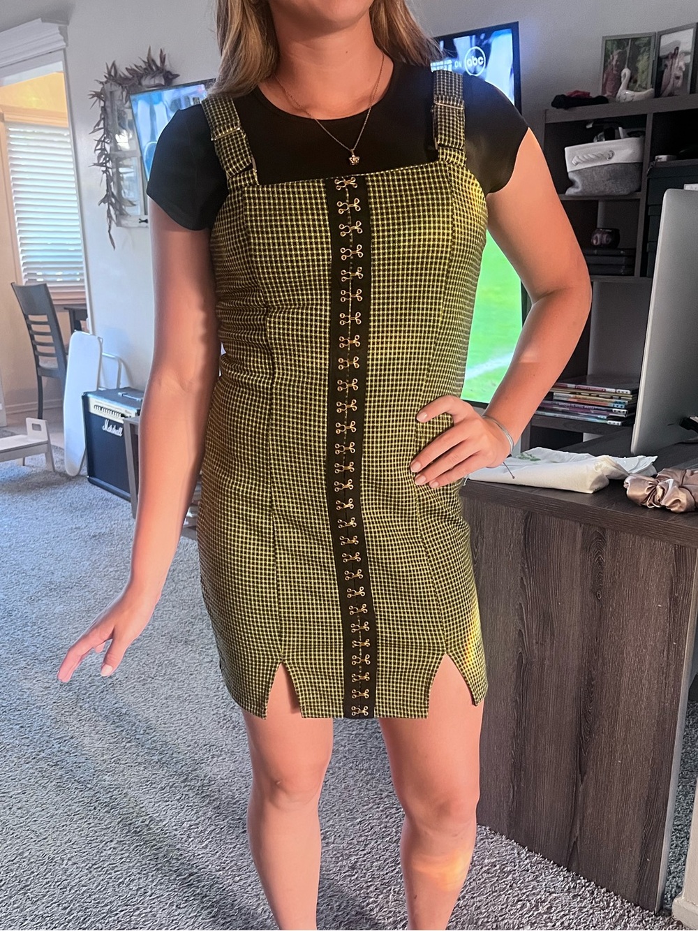 Honey Punch Yellow-Green Gingham Pinafore Dress with Hook-Loop Detail